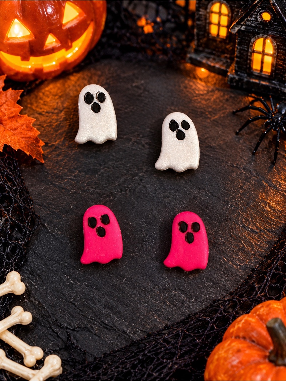 Halloween Ghost Costume Handmade Polymer Clay Earrings - Pink & Pearl White